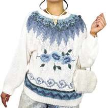 1980s Huntington & Ridge Sweater Vintage Blue Floral Chunky Knit Sweater Grandma