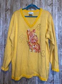 Vintage Quacker Factory Yellow Beaded Sequined V-Neck Butterfly Sweater Size 2X