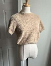 Hazel Moon Tan Beige Brown Cropped Short Sleeve Fur Fuzzy Sweater Top