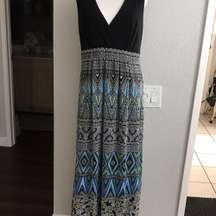 Long Maxi Dress Black Vneck Green Blue Lined Sz 16