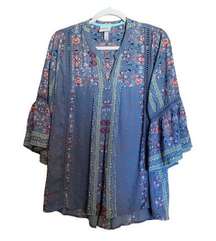 Knox Rose Womens XL Multicolor Floral Boho Print Split Neck Blouse Top