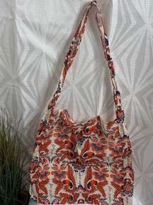 Linen Cloth Tote Bag Vibrant Floral Repeated Print Orange Blue Boho