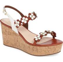 Kate Spade Tisdale Leather Brown Luggage Flower Wedge Sandal Platform Heels