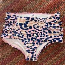 LIME RICKI SWIMWEAR NAVY & PINK CHEETAH RUCHED DETAIL HIGH RISE SWIM BOTTOMS