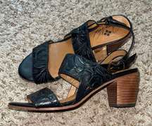 black Romana tooled Italian leather block heels