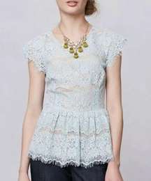 Anthropologie Pastel Blue Lace Overlay Peplum Flutter sleeve Top