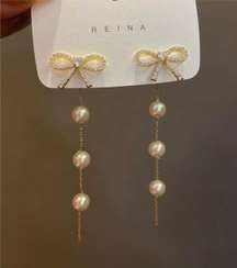 Elegant Bow White Pearl Dangle Drop Earrings for Women