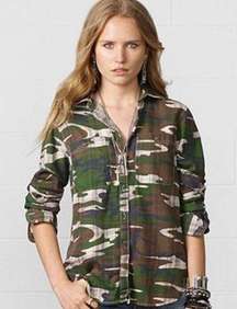 Denim & Supply Ralph Lauren Camo Top size S Brown Olive Green Button front Shirt