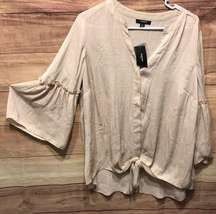 Alfani Womans Plus Size 0X Tie-Hem Top Blouse Lantern-Sleeve Polished Beige