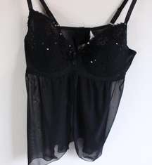 Black Sparkly Sequin Embroidered Teddy / Bra with Mesh Panel