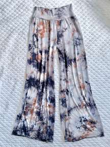 Simplicitie Wide Leg Pants size S Rayon Pull On Tie Dye Hippie Gray Brown High