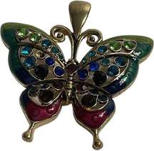 Multi Colored Enamel Gold Tone Butterfly with Multi Colored Rhinestone Pendant