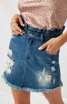 NanaMacs Ruffle Waist Distressed Denim Skirt