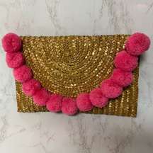 Shiraleah Straw Clutch with Pink Pom Poms