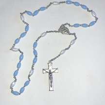 Vintage Blue & White Silver Tone Religious Crucifix Catholic Rosary Necklace