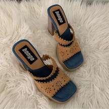 Y2K Bongo Boho Vintage Leather Denim Block Heel Sandals Size 7.5 Retro