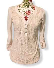 Crochet Front Henley Button Blouse Top Ivory White