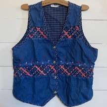 American Vintage Denim Lattice Work Patriotic Granny Gilet Vest 16