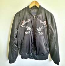 AMERICAN EAGLE | Members Only Bomber Jacket Black Embroidered Floral | Medium