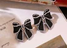 925 Silver Needle Black Bow Pearl Stud Earrings for Women