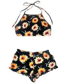 Reverse Two-Piece Sunflower Coord Set Halter Crop Top Ruffle Shorts Black S