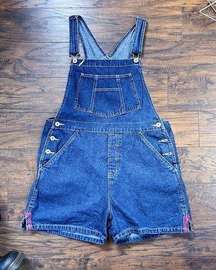 vintage • 90s Route 66 denim overalls shortalls pink embroidery blue jean