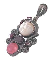 Silver Sajen Mother of Pearl Moon Face Necklace PENDANT Garnet Ruby Peach Quartz