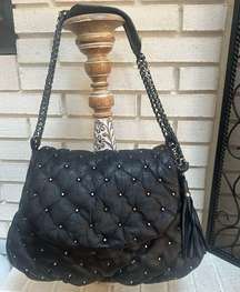 Rebecca Taylor Leather Quilted Black purse gold studs tassel accent Magnetic