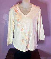 Faded Glory White Floral V-neck Top Size Large