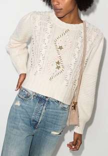 NWT LoveShackFancy Leni Cable Knit Floral Sweater In White Large Embroidered