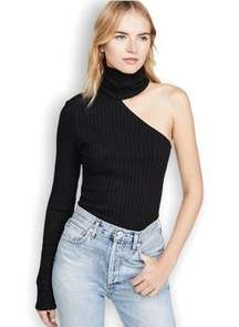 The Range Framed Ribbed Carved One Shoulder Black Turtleneck Top Size L NWT