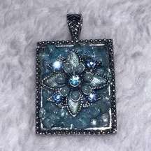 Vintage Blue Floral Square Stone Pendant Jewelry y2k