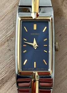 Seiko Rare Blue Rectangular Dial Vintage Ladies Watch Two-Tone Bracelet