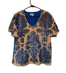 Tracy Reese for Neiman Marcus Beige & Blue Sequin Floral Blouse Women Sz M