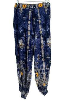 Yak & Yeti Boho Harem Pants Blue Yellow Mixed Patten Pull On Leg Slits Size L