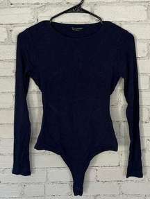 NWOT Naked Wardrobe Navy Longsleeve Thong Bodysuit with Open Back - Size M