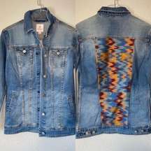 Lularore Jacket Womens Small JACKSON Aztec Embroidered Denim Jean Jacket