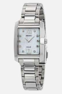 New! Seiko Women's Solar Dress Watch #SUP377 Silver Diamond & Mother of Pearl