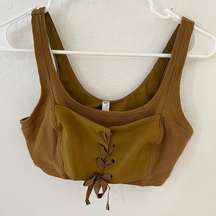 Free People Movement Brown Double Layer Ribbed Bustier Tie Front Sports Bra S