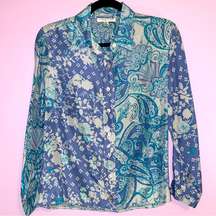 Coldwater Creek 100% Silk Blouse Blue Mixed Boho Prints Button Collar PS