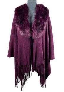 Young USA Knit Poncho Cape Shawl Faux Fur Collar Fringe OSFM Plum Purple NEW!