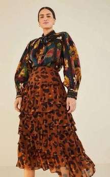 Farm Rio Caramel Maxi Leopard Frill Skirt