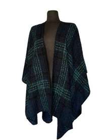 Woolrich Green & Blue Open Front Poncho Shawl Blanket Sweater Womens One Size