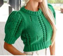 Day + Moon puff sleeve crochet knit green knit cropped sweater size Medium NEW