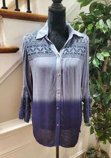 Studio West Apparel Women's Blue Rayon Collared Long Sleeve Button Down Shirt PL