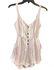 Linen Blend Striped Tie Cutout Back Romper Blue Green Small