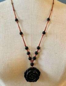 black onyx flower beaded pendant necklace on cord