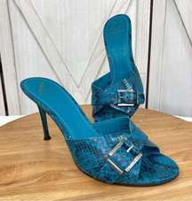 Brian Atwood Maritima Snake Print Heeled Mule Sandals Turquoise 8.5