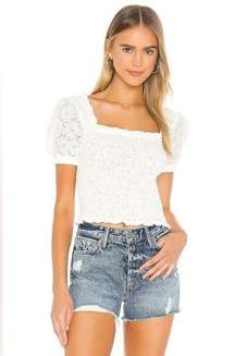 the Label Hudson Puff Sleeve Eyelet Smocked Top in White size Medium (M)