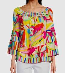 John Mark Medium Colorful Abstract Waves Print Geometric Tunic Shirt Bright